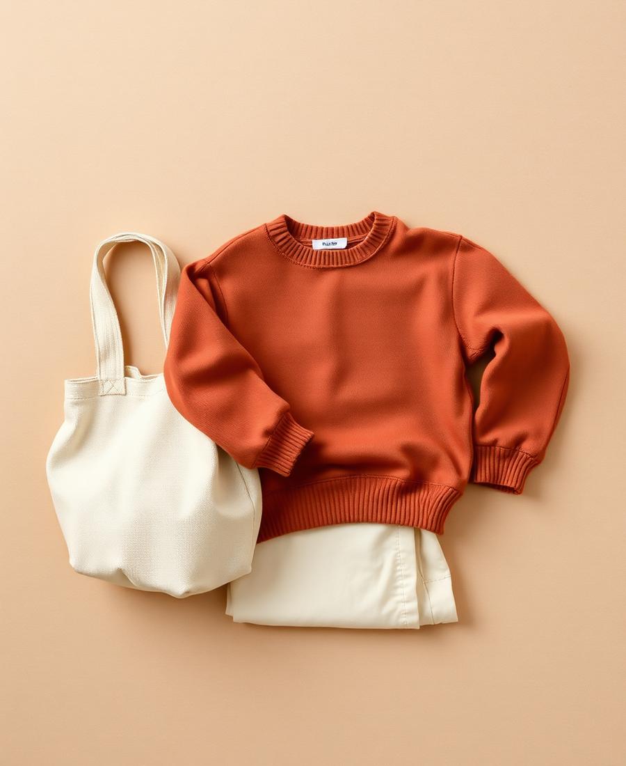 Terracotta kids sweater with cream trousers and a canvas bag