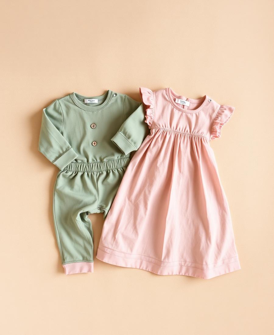 Sage toddler set and dusty rose dress folded on linen