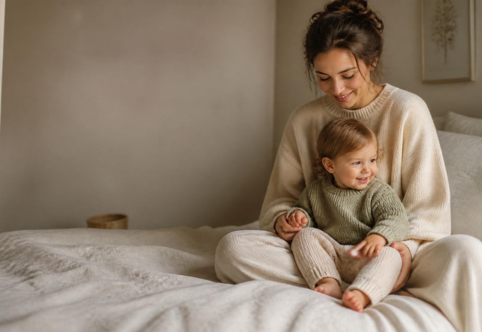 Parent and toddler in cream and sage knitwear sitting on a linen bed